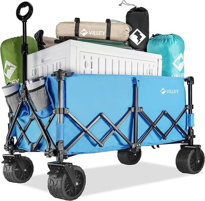 VILLEY Extended Collapsible Foldable Wagon with 330LBS Weight Capacity, 220L Heavy Duty Folding Utility Garden Cart with Big All-Terrain Beach Wheels with Brake & Drink Holders, Blue