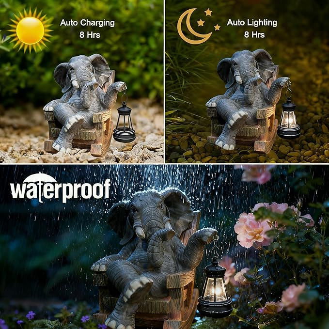 Solar Light Rocking Chair Elephant Statue in Garden-8.2''Outdoor Figurine Ornament,Funny Sculpture for Indoor Decor & Unique Gift Choice for Christmas,Thanksgiving,Mother's Day,Birthday!