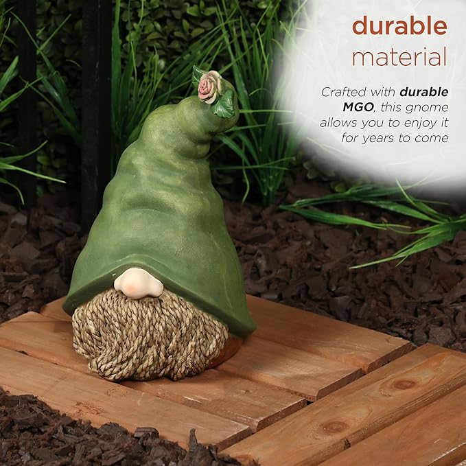 Alpine Corporation QWR1440 Outdoor Gnome Head with Rope Beard and Flower on Green Hat Garden Statue, 10" Tall