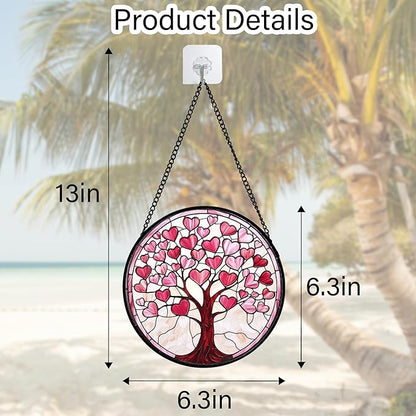 Stained Glass Window Hanging, Valentine's Day Gifts Pink Love Heart Tree Suncatcher Hangings Beige Sun Catchers Decor for Birthday for Women, Men, Wife, Aunt, Mom 6.3 in