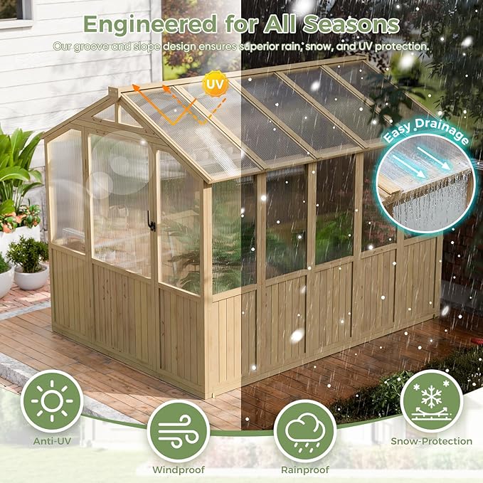 CDCASA 8x6 FT Wooden Greenhouse for Outdoor, Easy Assembly Solid Cedar Frame w/ Polycarbonate Heavy Duty Greenhouses, Outside Garden Walk-in Green House Kit, Adjustable Roof Vent & Lockable Door