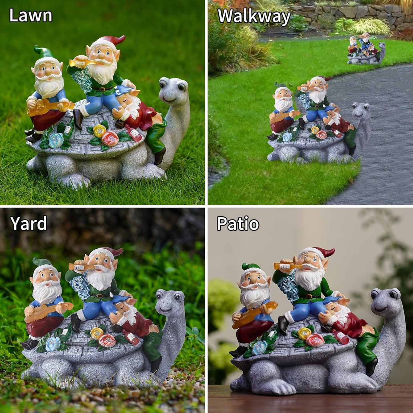 Solar Garden Outdoor Statues Three Gnomes Having Party on Turtle with 7 LED Solar Figurine for Lawn,Patio,Balcony,Yard Decor Unique Housewarming Gift, for Grandfather, Father,Grandma,Wen