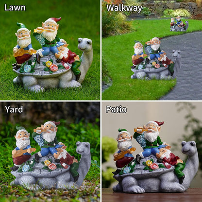 Solar Garden Outdoor Statues Three Gnomes Having Party on Turtle with 7 LED Solar Figurine for Lawn,Patio,Balcony,Yard Decor Unique Housewarming Gift, for Grandfather, Father,Grandma,Wen