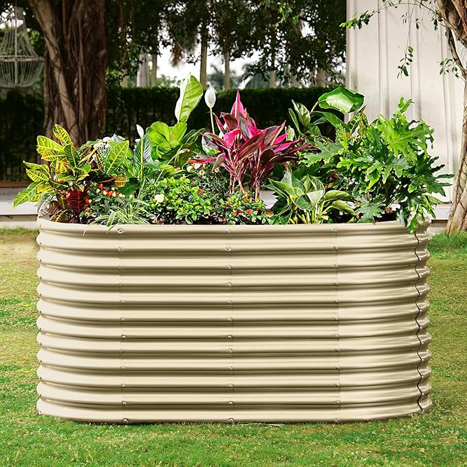Land Guard 6x3x3ft Oval Galvanized Raised Garden Beds, Large-Capacity Metal Planter Box Outdoor, Durable Deep Raised Garden Bed 3ft Tall, Raised Beds for Gardening Vegetables, Cream Yellow