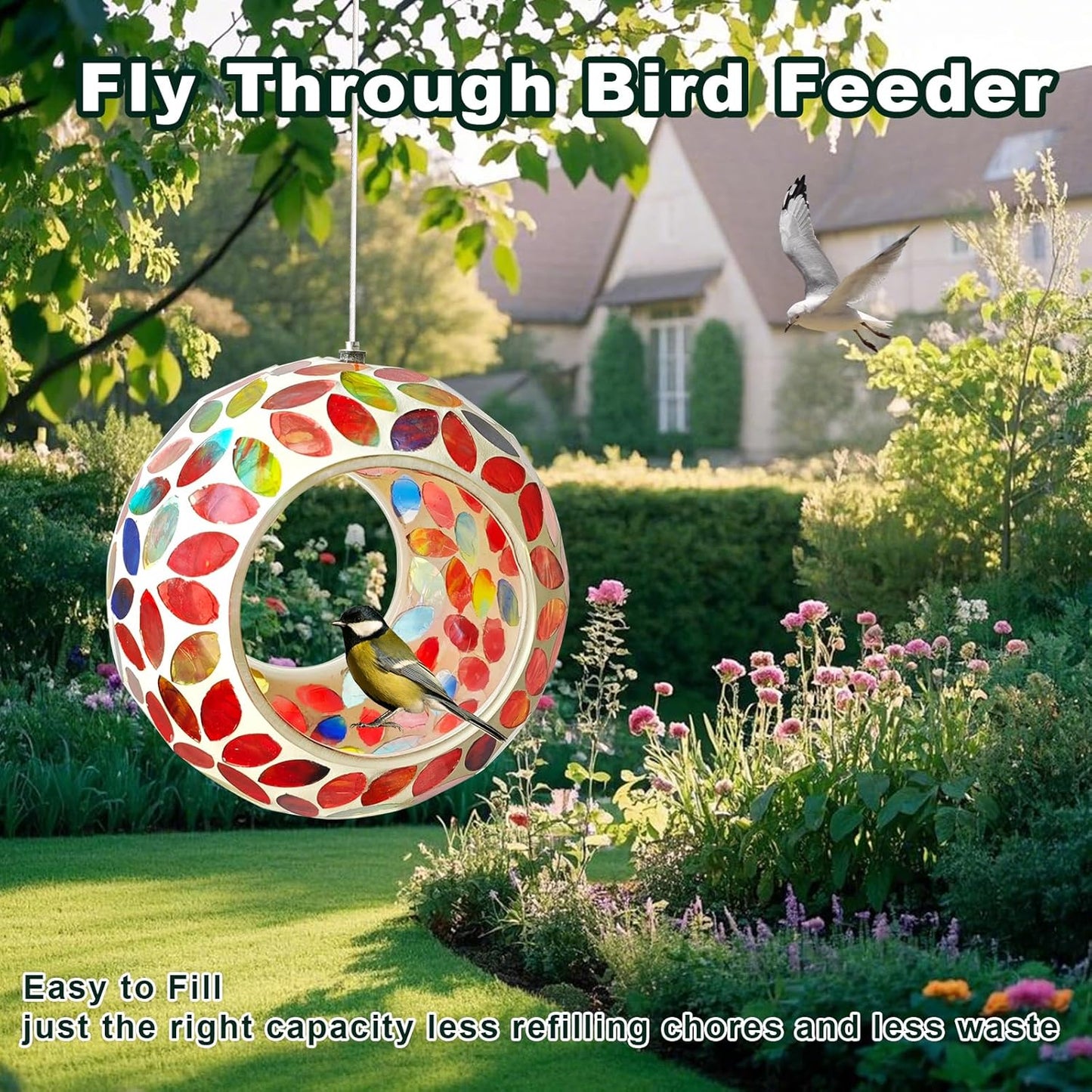 Mosaic Bird Feeder, Outside Hanging with Round Shape Glass BirdFeeders to Attract More Wild Birds, Mosaic Fly Through for Garden, Yard, Backyard, Deck and Porch Decor, Red 7-Inch