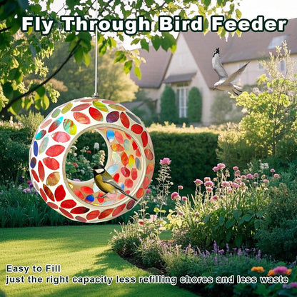 Mosaic Bird Feeder, Outside Hanging with Round Shape Glass BirdFeeders to Attract More Wild Birds, Mosaic Fly Through for Garden, Yard, Backyard, Deck and Porch Decor, Red 7-Inch