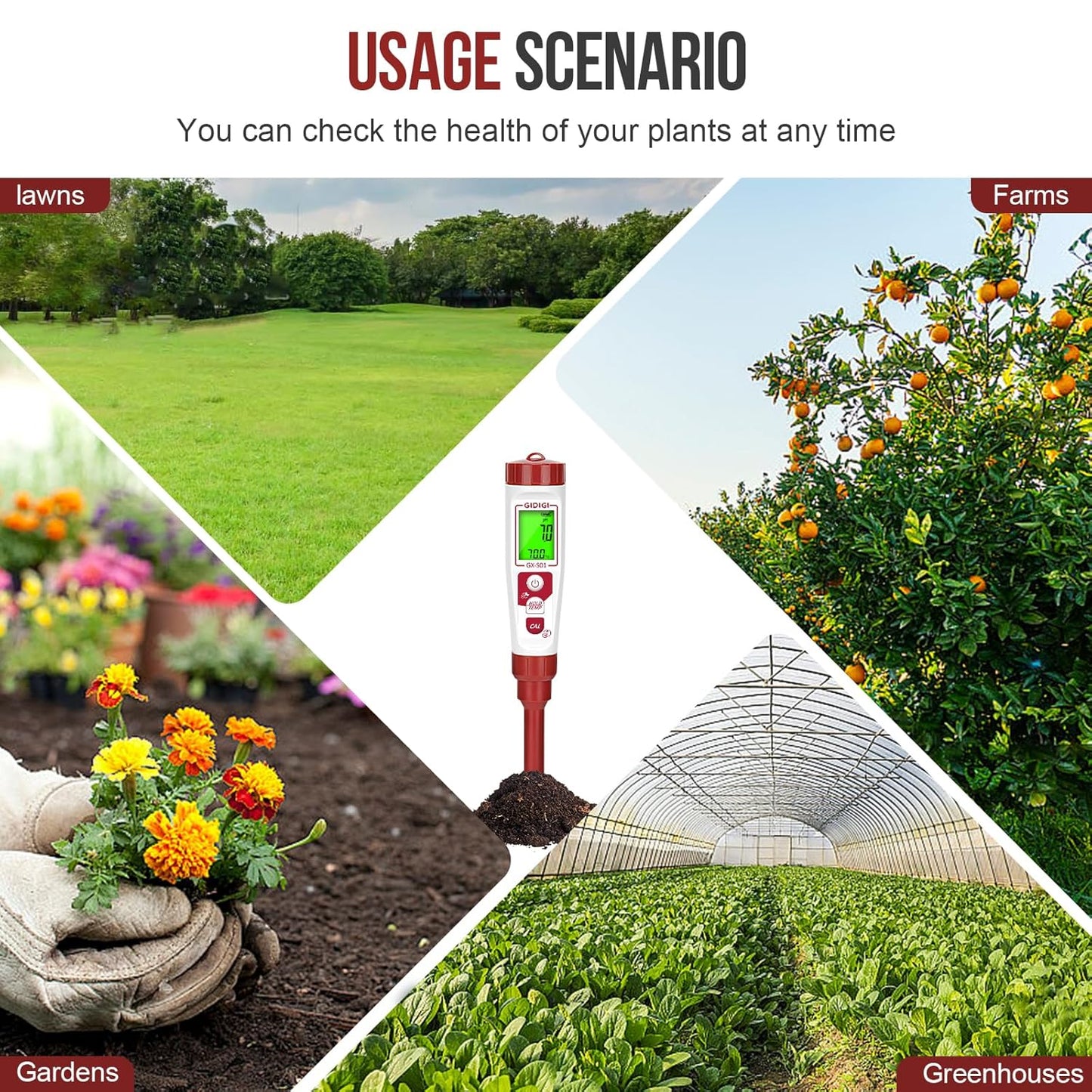 Soil pH Test Meter for Gardener, Direct Measurement Soil Test pH for House Plant, Digital Soil pH Meter and Temperature with High Accuracy for Garden, Grass,Lawn, Greenhouse,Outdoor and Yard Use