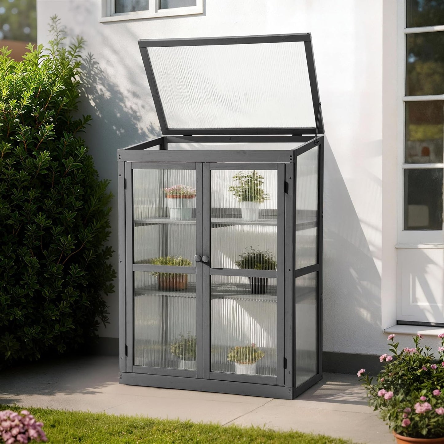MCombo Wooden Cold Frame Greenhouse, Raised Flower Planter Shelf Protection for Outdoor Indoor Use, 0760 (Dark Grey)