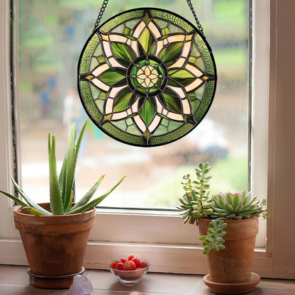 Stained Glass Window Hanging - White Green Boho Flower Suncatcher for Doors Window Home Sun Catchers Decor Christmas Mother's Day Birthday Gifts for Teacher Women Men Mom Nana 15 in