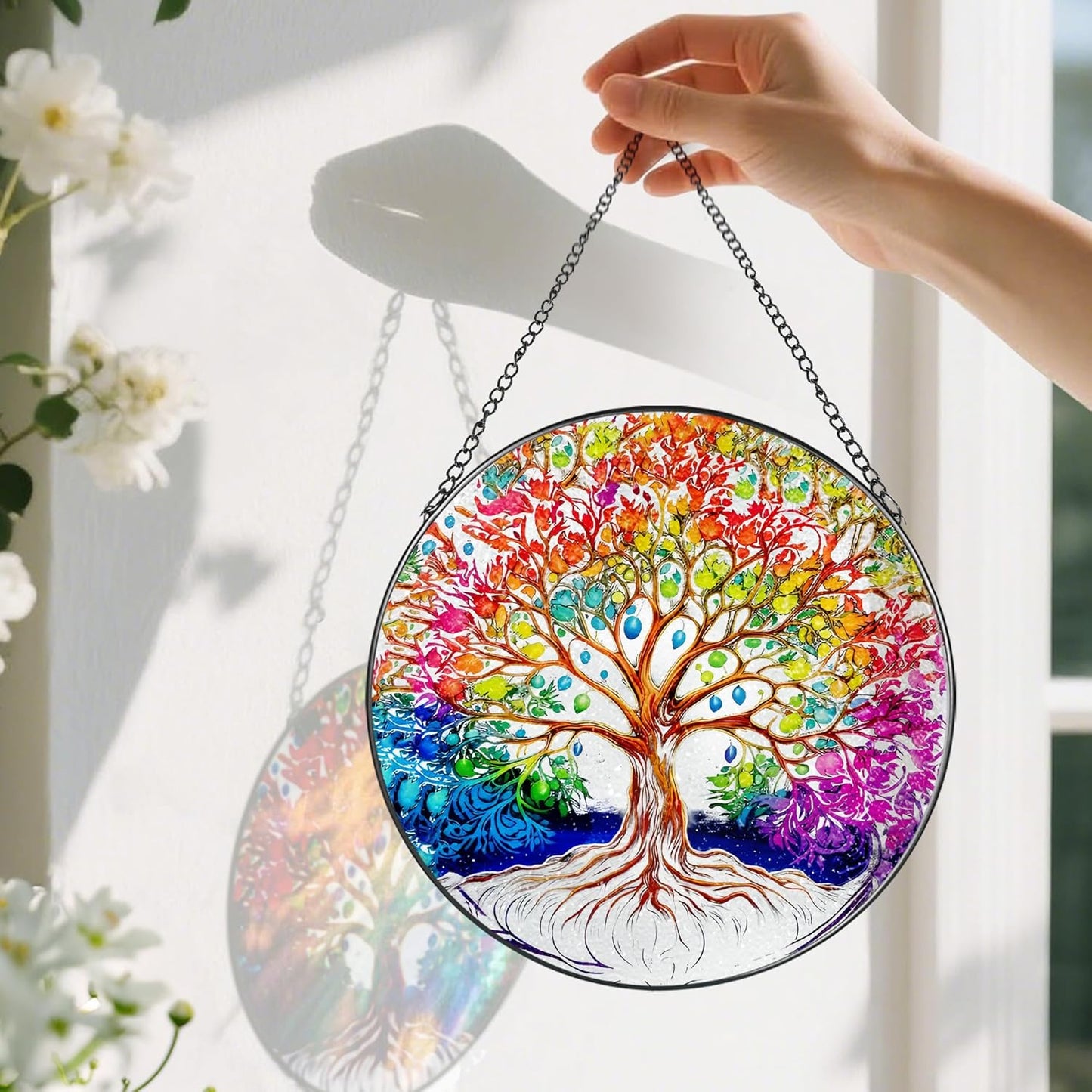 Stained Glass Window Hanging, Pauyadu Tree of Life Sun Catchers Indoor Window, Tree of Life Suncatcher Decor Gifts for Women, Mom, Grandma, Elder, Family and Friends- 8 Inch