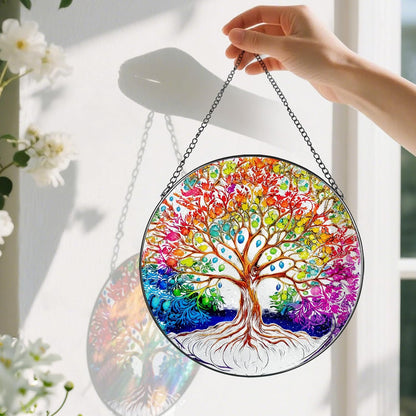 Stained Glass Window Hanging, Pauyadu Tree of Life Sun Catchers Indoor Window, Tree of Life Suncatcher Decor Gifts for Women, Mom, Grandma, Elder, Family and Friends- 8 Inch
