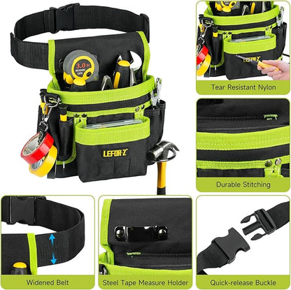 Tool Belt,Magnetic Tool Pouch,14-Pockets Tool Belts for Men,Detachable & Adjustable Tool Pouch belt for Electrician,Carpenter,Construction,Work Apron,Utility Belt,Black-Green