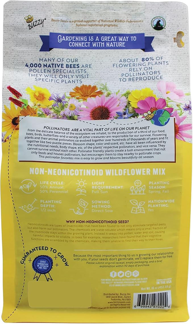 BUZZY Wildflower Pollinator Seed Mix (1lb Bag), 18 Pollinator-Friendly Varieties, Protect The Pollinators & Save The Planet, Coneflower, Sunflower, Calendula, Cosmos, & More, Growth Guaranteed