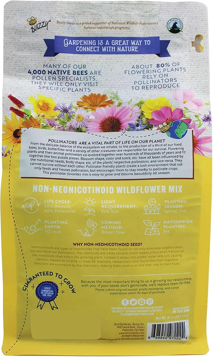 BUZZY Wildflower Pollinator Seed Mix (1lb Bag), 18 Pollinator-Friendly Varieties, Protect The Pollinators & Save The Planet, Coneflower, Sunflower, Calendula, Cosmos, & More, Growth Guaranteed