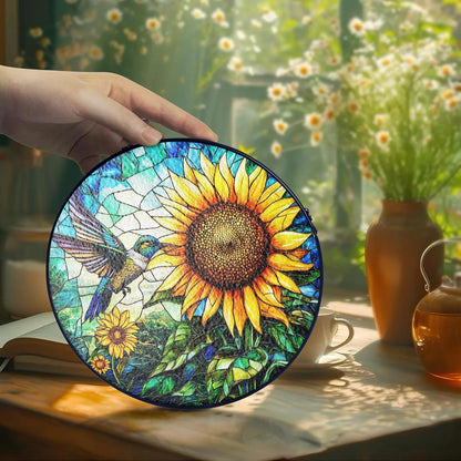 Hummingbird Stained Glass Suncatcher, Sunflower Window Hanging Stained Glass Suncatcher Hummingbird Window Hanging Garden Decor for Mom, Grandma, Birthday Gifts for Women Bird Lovers