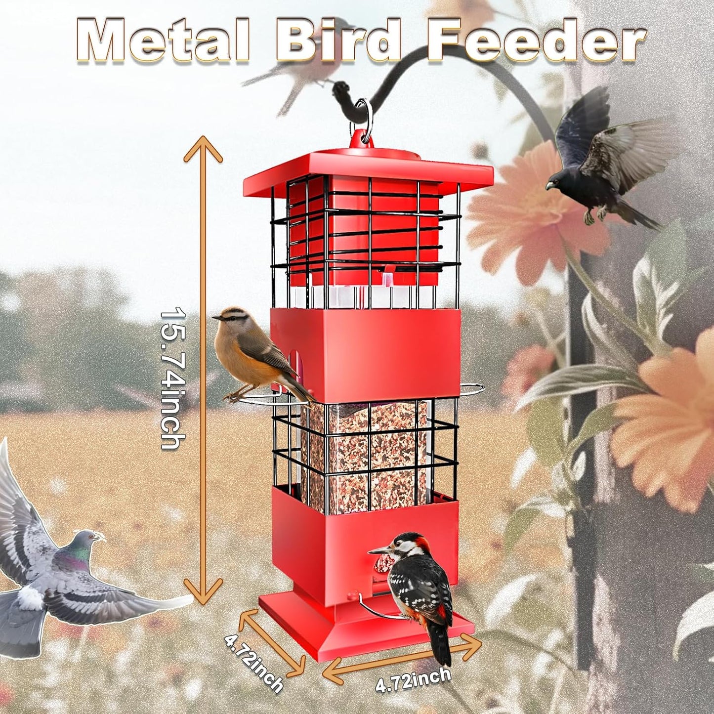 Squirrel Proof Bird Feeders for Outdoors Hanging, Metal Tube Bird Feeder w/4 Feeding Ports, Gravity Protection Wild Bird Feeders for Outside Backyard, Cardinal, Sparrow, Finch (3.5LB, Red)