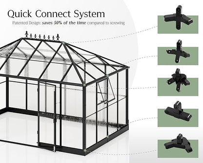 Jocisland 14x9.5x9 FT Outdoor Aluminum Greenhouse with Quick Connect Fittings, 6 FT Height Double Doors with Hook, Polycarbonate Walk-in Greenhouse for Backyard, Black