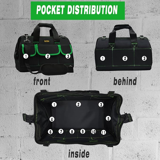 FASTECH 18 Inch Tool Bag With Comfortable Shoulder Straps, Waterproof Wide Mouth Tool Kit, Tool Storage Package For Men/Women (18IN Green)