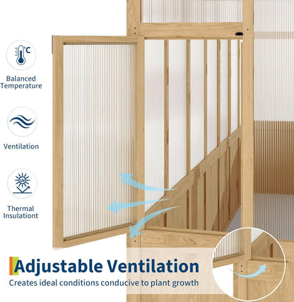 8x12 ft Wooden Greenhouse for Outdoor - Heavy Duty Walk-in Green House Kit with 6 mm Polycarbonate,Ventilated Window & Lockable Door for Backyard,Patio,Lawn
