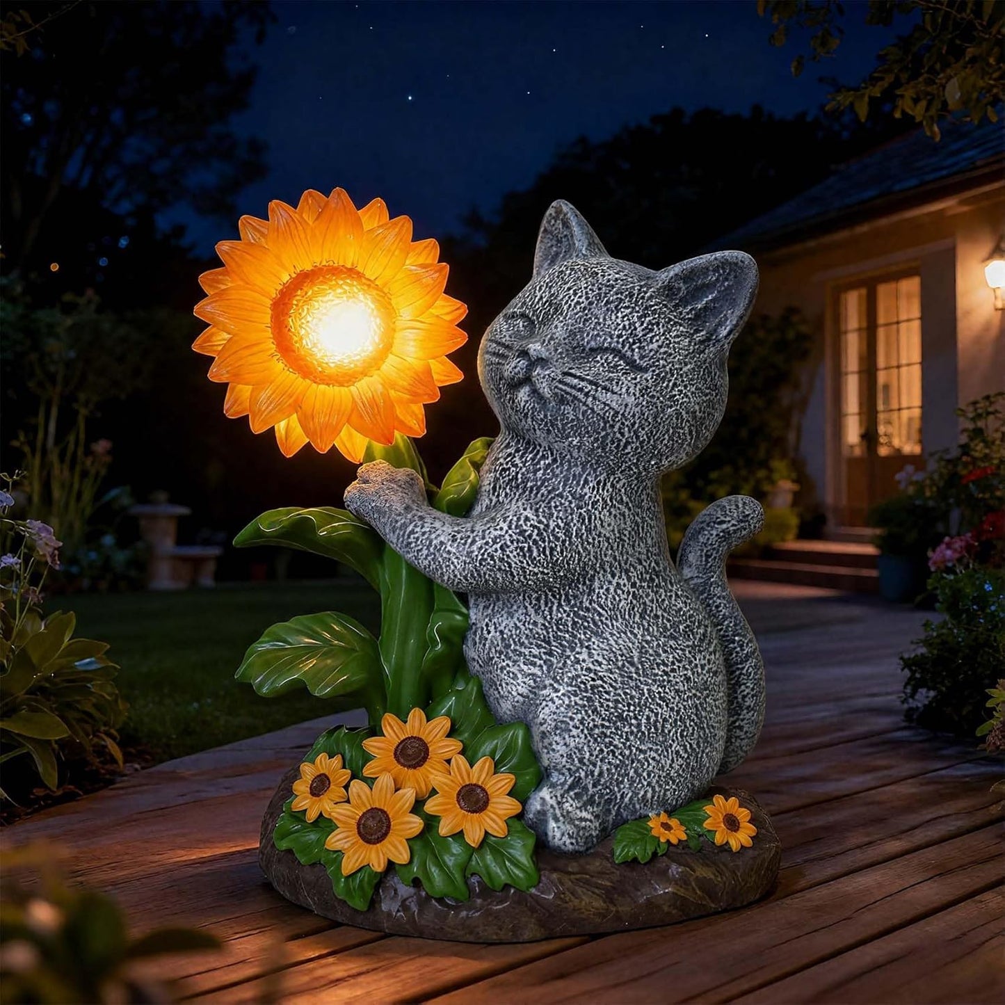 Solar Garden Decor Cat Statue with Sunflower Light, Outdoor Ornaments for Home Patio Yard Balcony Lawn, Birthday Gifts for Cat Lovers Women, Mom, Grandma