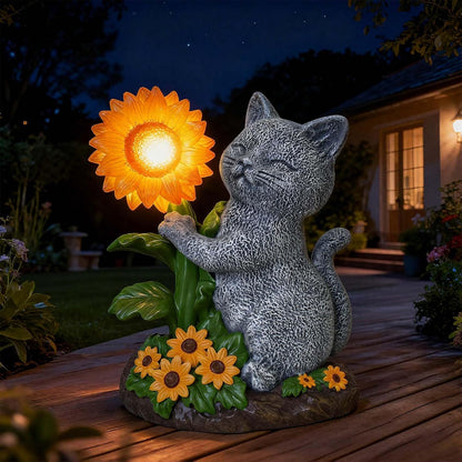 Solar Garden Decor Cat Statue with Sunflower Light, Outdoor Ornaments for Home Patio Yard Balcony Lawn, Birthday Gifts for Cat Lovers Women, Mom, Grandma