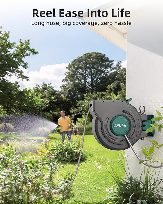 AYURA Retractable Garden Hose Reel 100 ft x 1/2 inch with Pro Metal Shaft, Heavy Duty Automatic Garden Hose Reels with Kink-Free Rewind and Lock at Any Length, Wall Mount Water Hose Reel for Outside
