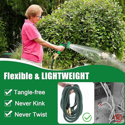 100 ft Expandable Garden Hose - Kink Free Flexible Water Hose with Thumb-Controlled 10-Function Nozzle, 3/4 Solid Brass Connectors, Retractable Latex Core - Lightweight Expanding Hose