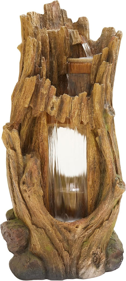Alpine Corporation TZL338 Outdoor 3 Tier Waterfall Tree Trunk Floor Fountain with LED Lights for Patio, and Lawn Decor, 59 Inches Tall