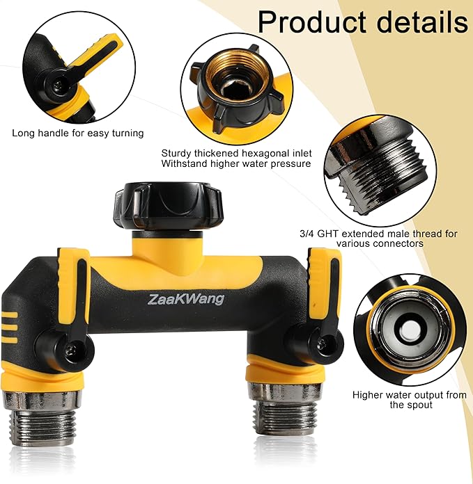 Full Flow Heavy Duty Two - Way Hose Splitter, Rugged Garden Faucet Adapter, Spout Diverter T - Way Adapter with Extended Handle, 3/4” GHT Thread, Yellow
