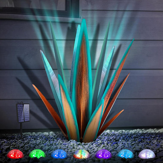 Large Tequila Rustic Sculpture, Rustic Metal Agave Plants for Outdoor Patio Yard, Home Decor Hand Painted Metal Agave Garden Yard Statue, Outdoor Lawn Ornaments (Blue - L (W/Solar Light))