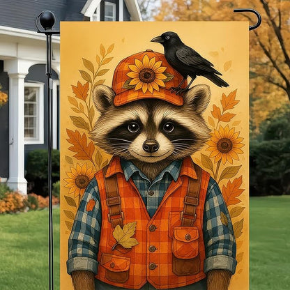 Thanksgiving Fall Garden Flag 12x18 Inch Welcome Raccoon Outdoor Flag Double Sided Autumn Yard Banner with Sunflower Hat and Bird for Porch Lawn Patio Seasonal Decor