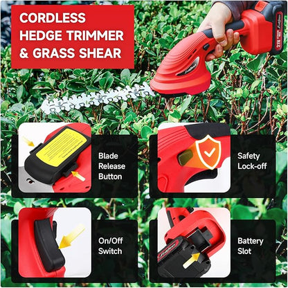 Hedge Trimmer Cordless,2 in 1 Hedge Shrub Grass Shears,21 V Electric Hedge Trimmer Grass Cutter Bush Trimmer with 2 PCS Rechargeable Battery for Garden, Lawn, Yard (Red)