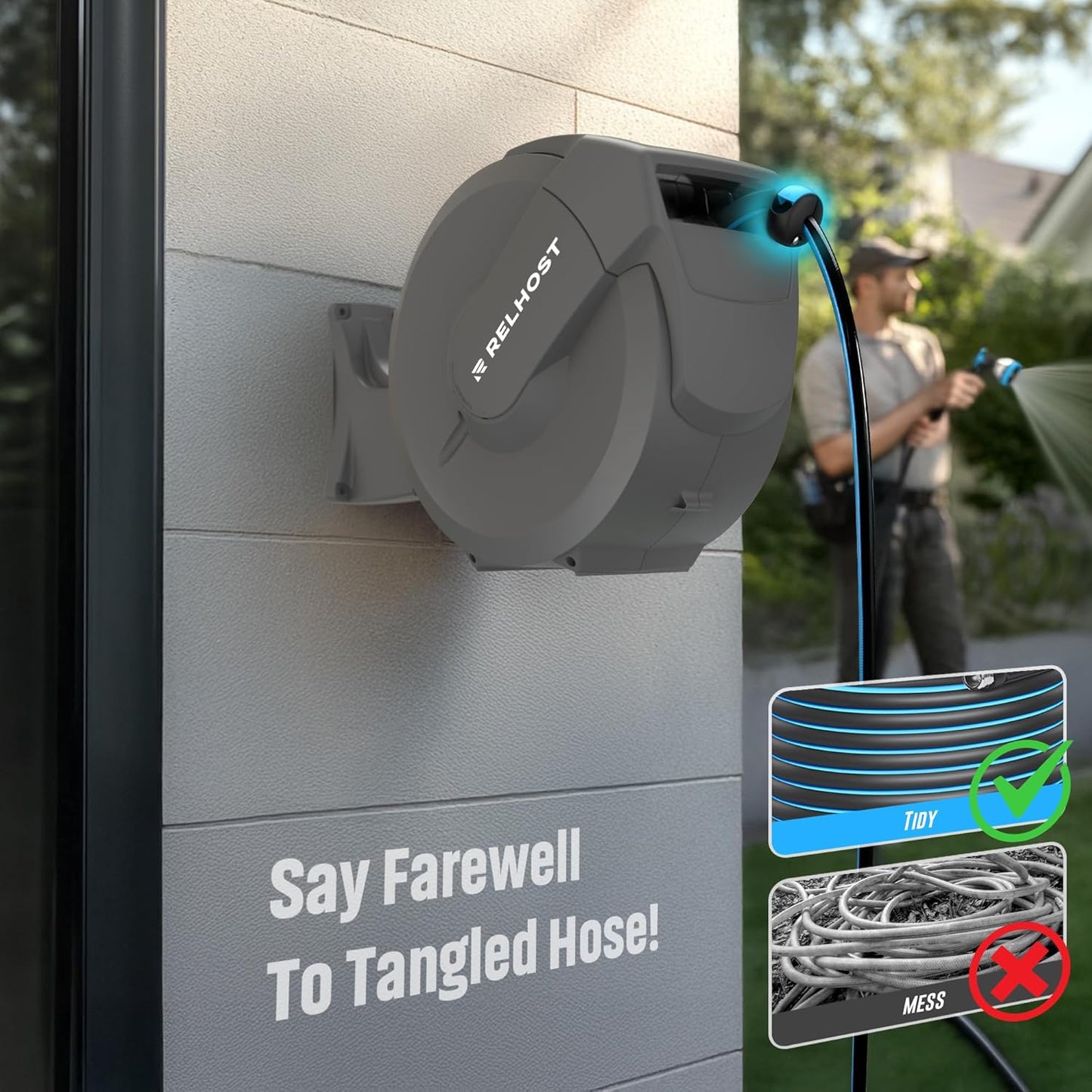 Retractable Garden Hose Reel 65 ft x 1/2 in, Heavy Duty Hose Reel Wall Mount with Any Length Lock, Slow Return System, 180° Swivel Bracket, 10-Pattern Garden Hose Nozzle, Dark Grey