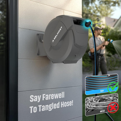 Retractable Garden Hose Reel 65 ft x 1/2 in, Heavy Duty Hose Reel Wall Mount with Any Length Lock, Slow Return System, 180° Swivel Bracket, 10-Pattern Garden Hose Nozzle, Dark Grey