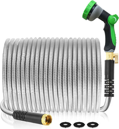 Metal Garden Hose 100Ft Stainless Steel Water Hose Heavy Duty with 10 Way Nozzle-Flexible Lightweight Durable No Kink & Tangle，Strong 3/4’’ Solid Metal Fitting a Stop Valve for Outdoor Yard