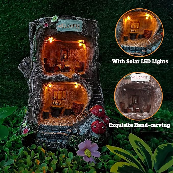 QWEWQE Tree House Solar Statue Outdoor Garden Statue with Solar Lights Fairy Tree House Indoor Outdoor Art Decoration Sculpture Lawn Ornaments for Patio Yard Outside Decorations