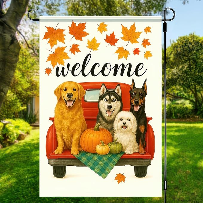 Welcome Fall Garden Flag 12x18 Inch Double Sided Red Truck with Dogs Yard Flags Autumn Pumpkin Leaf Outdoor Decoration Small Flag for Porch Lawn Pet Lovers