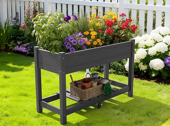 SERWALL Raised Garden Bed Set of 2, HDPE Raised Bed for Gardening All Weather Use- Grey