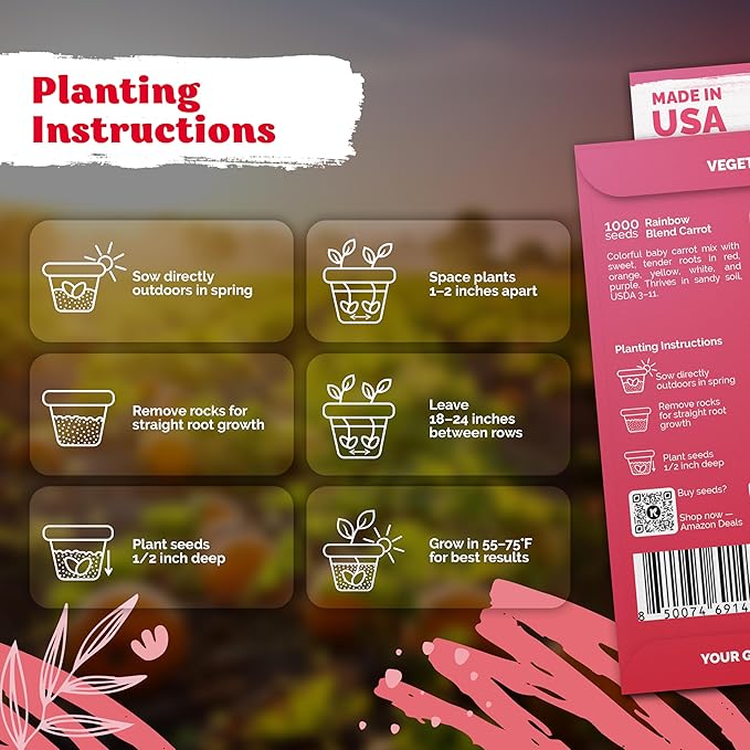 KVITER 1,000 Rainbow Carrot Seeds (Daucus Carota) - Baby Carrots Mix, Sweet & Tender Taste - Heirloom & Organic Carrots Seeds for Planting in Vegetable Garden, Raised Beds & Containers