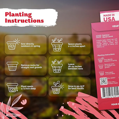 KVITER 1,000 Rainbow Carrot Seeds (Daucus Carota) - Baby Carrots Mix, Sweet & Tender Taste - Heirloom & Organic Carrots Seeds for Planting in Vegetable Garden, Raised Beds & Containers