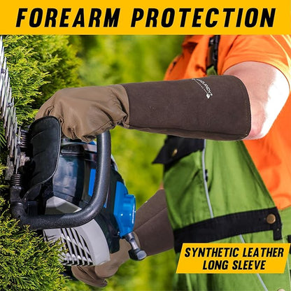 HANDLANDY Long Gardening Gloves for Men & Women, Cowhide Leather Rose Pruning Gloves- Breathable & Durable Gauntlet Glove (Small, Brown)