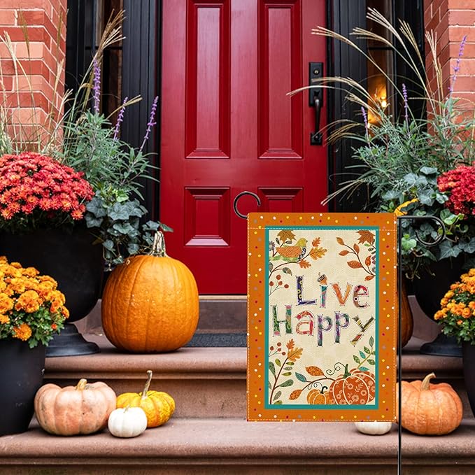 Hzppyz Live Happy Fall Garden Flag Double Sided, Inspirational Quote Autumn Pumpkin Bird Leaves Decorative Yard Outdoor Home Small Decor, Positive Farmhouse Outside House Decoration 12 x 18