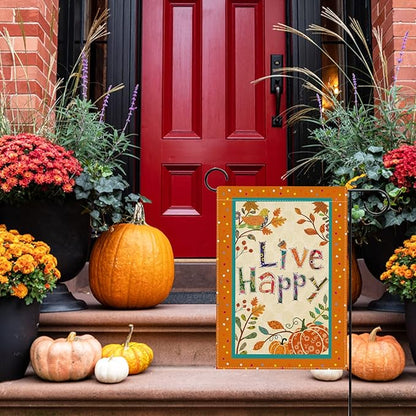 Hzppyz Live Happy Fall Garden Flag Double Sided, Inspirational Quote Autumn Pumpkin Bird Leaves Decorative Yard Outdoor Home Small Decor, Positive Farmhouse Outside House Decoration 12 x 18