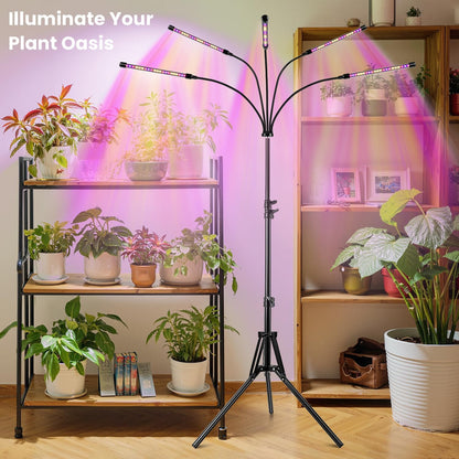 Garpsen Grow Light with Stand, 5 Heads Grow Lights for Indoor Plants, 100 LEDs Full Spectrum Led Plant Light for Seed Starting, with 15-63" Adjustable Tripod&6/12/16H Timer