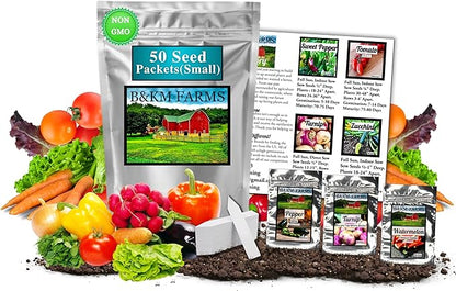 B&KM Farms 7,500+ Survival Seed Kit 5+ Year Supply. 50 Fruit & Vegetable Non-GMO Heirloom Seeds for Planting a Home Garden. (1, Small)