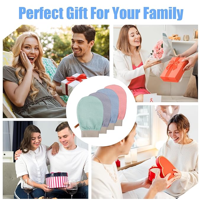 4 Pcs Exfoliating Glove Korean Exfoliating Mitt Body Exfoliator Glove Scrub Gloves Shower Gloves Dead Skin Remover for Body, Self-Tan Prep & Removal, Blue, Green, Black, Pink