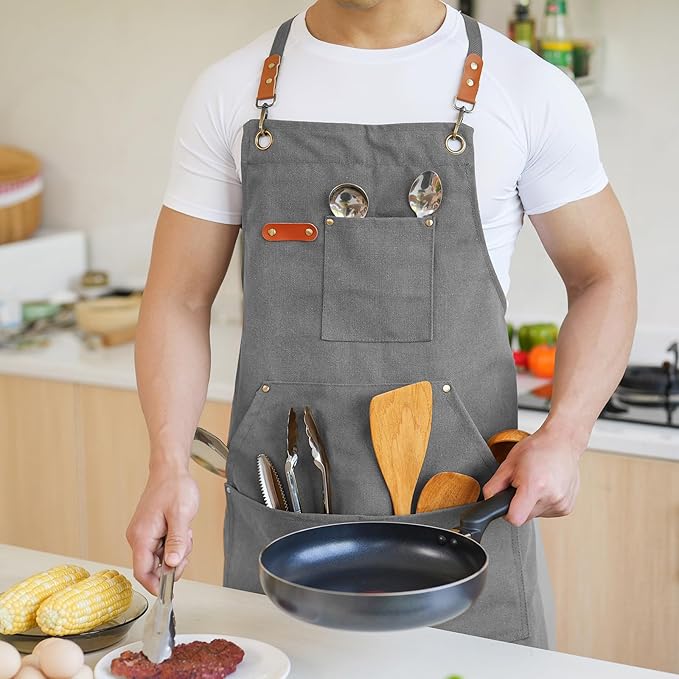 Canvas Aprons for Men Chef Apron, Work Apron with Large Pockets - 16oz Heavy Duty Cross Back, BBQ, Cooking