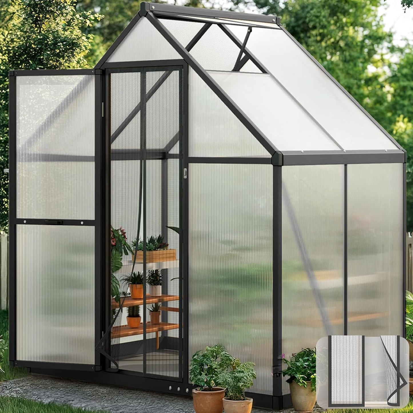 KING BIRD Greenhouse for Outdoors, 4x6 FT Polycarbonate Walk-in Green House, Quick-Setup Aluminum Frame UV Resistant Panel for Outside Garden Backyard W/ Lockable Screen Door, Vent, Black