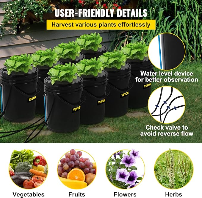 VEVOR DWC Hydroponic System, 5 Gallon 8 Buckets, Deep Water Culture Growing Bucket, Hydroponics Grow Kit with Pump, Air Stone and Water Level Device, for Indoor/Outdoor Leafy Vegetables