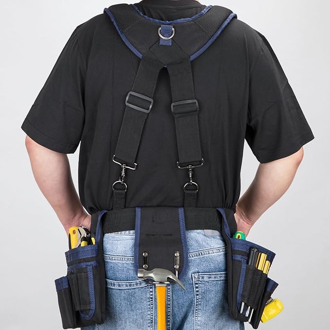 Tool Belt With Suspenders, 24 Pockets Tool Bag with Magnetic Wristband, Detachable Tool Pouch Bag, Adjustable Waists for Men Electrician Carpenter Construction(Blue)